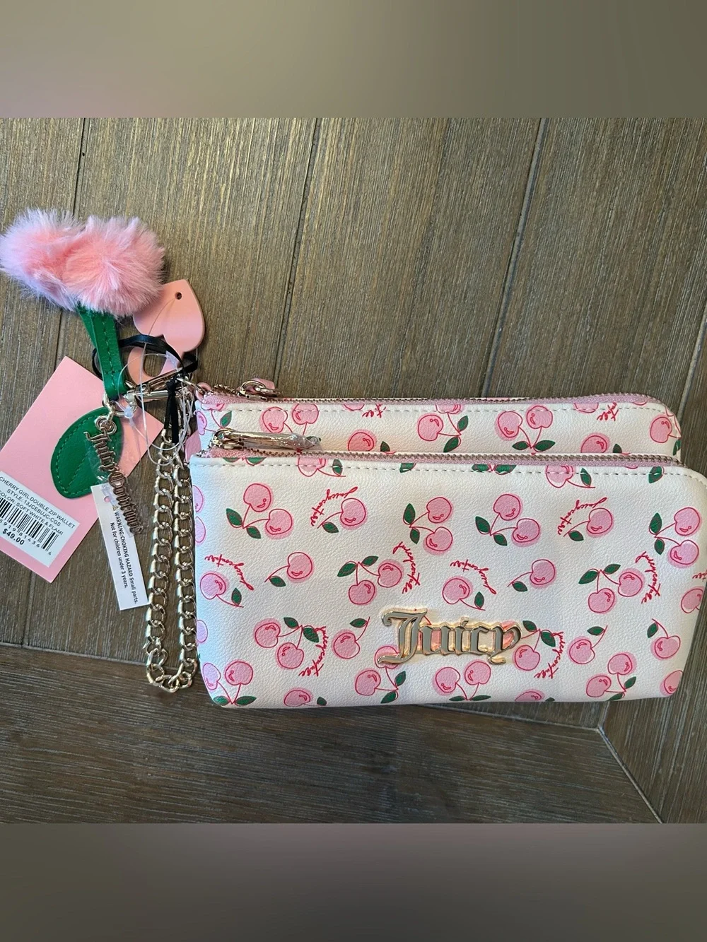 NWT Juicy couture Pink Cherry Print Double Zip Wristlet wallet